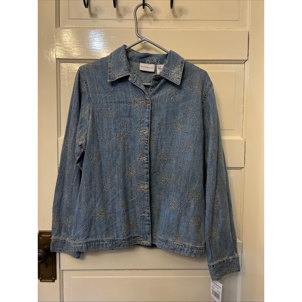 Alfred Dunner Women Blue Floral Embroidered Denim Button Up Jacket Size 10 NWT